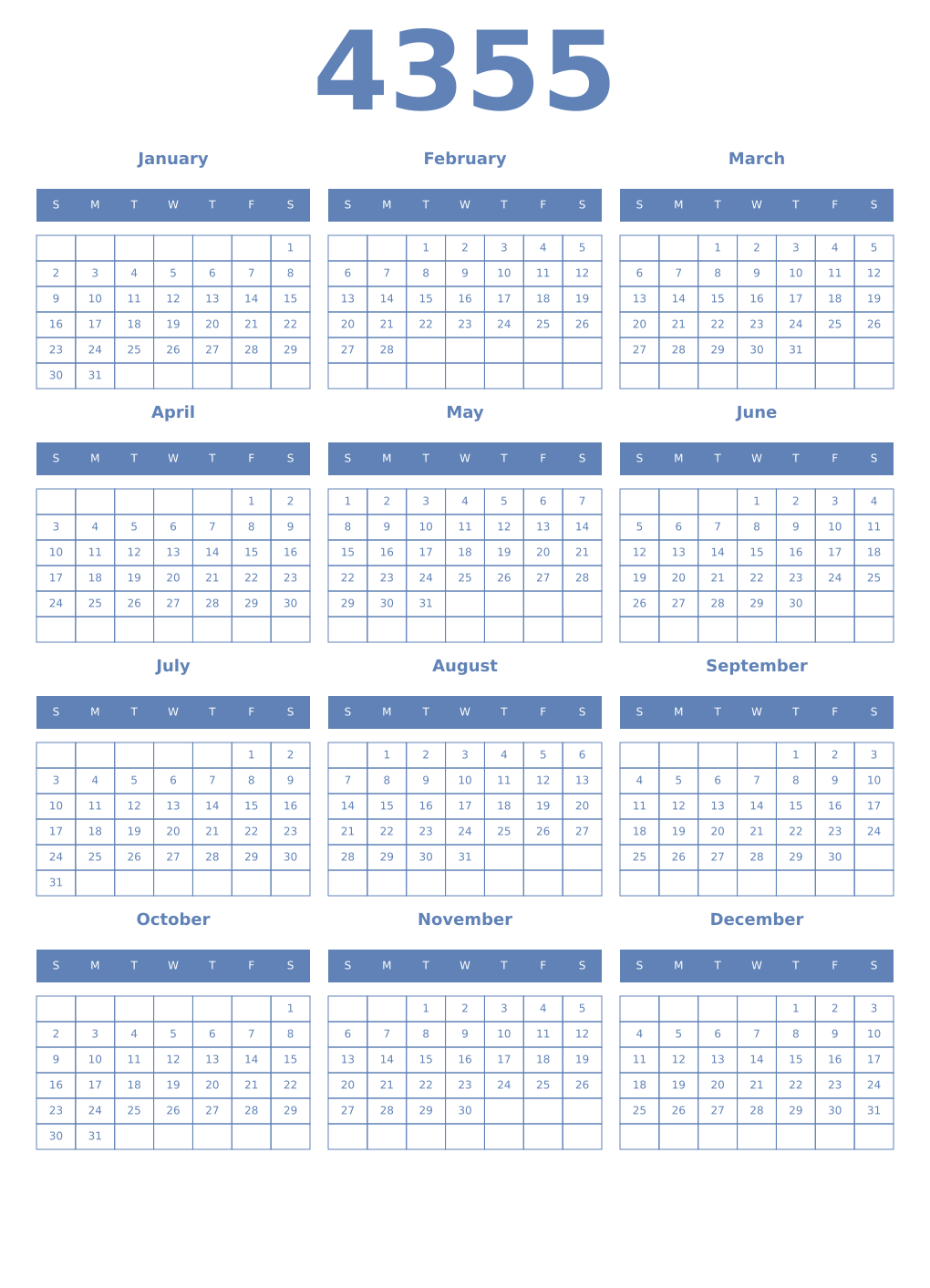 Printable 4355 Year Calendars glaucous