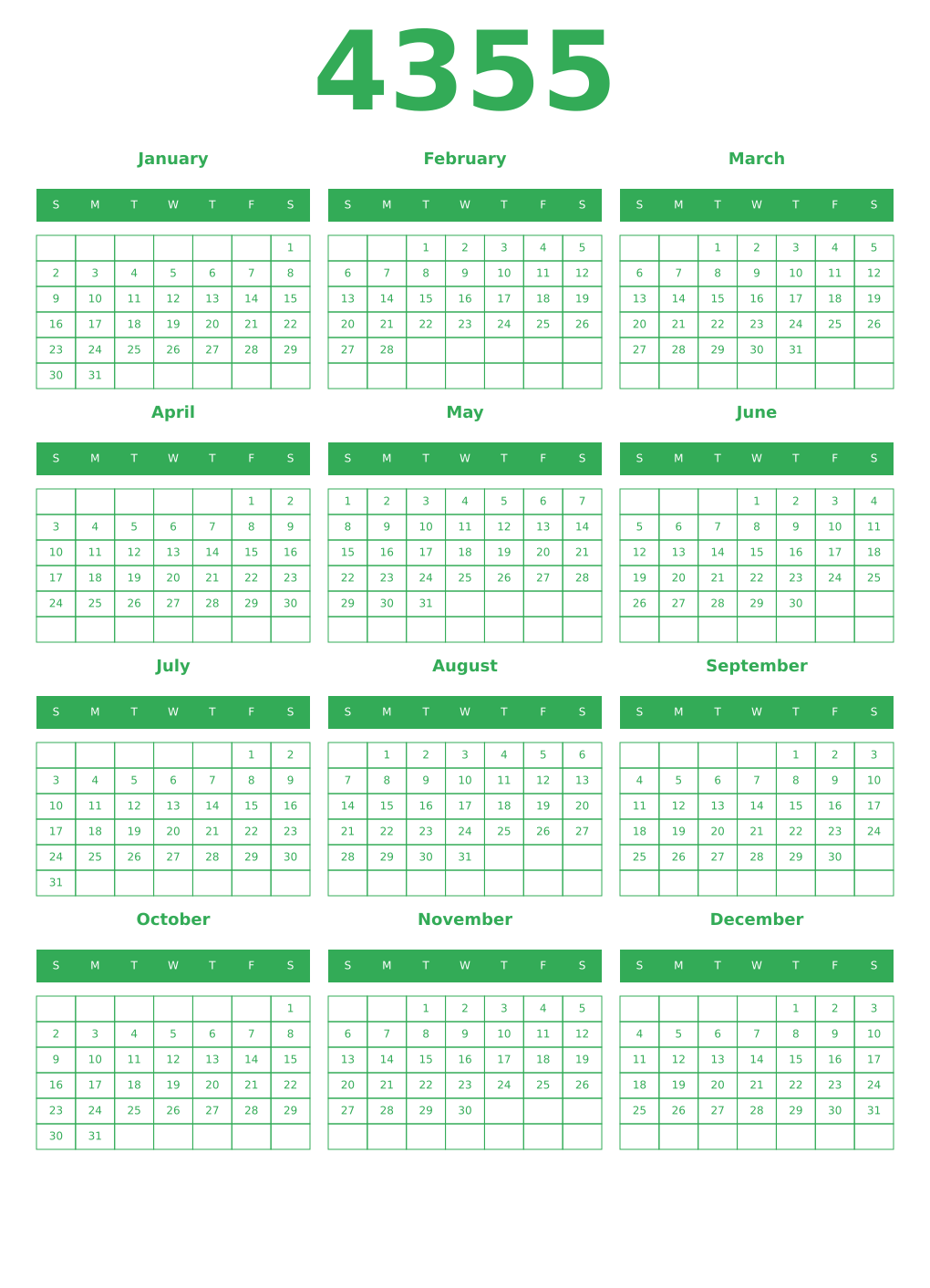 Printable 4355 Year Calendars green