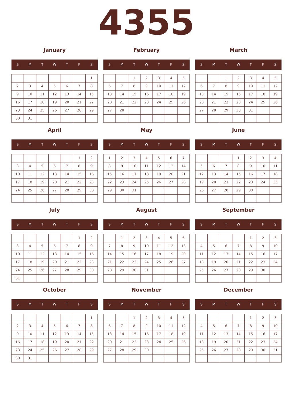 Printable 4355 Year Calendars mortuum