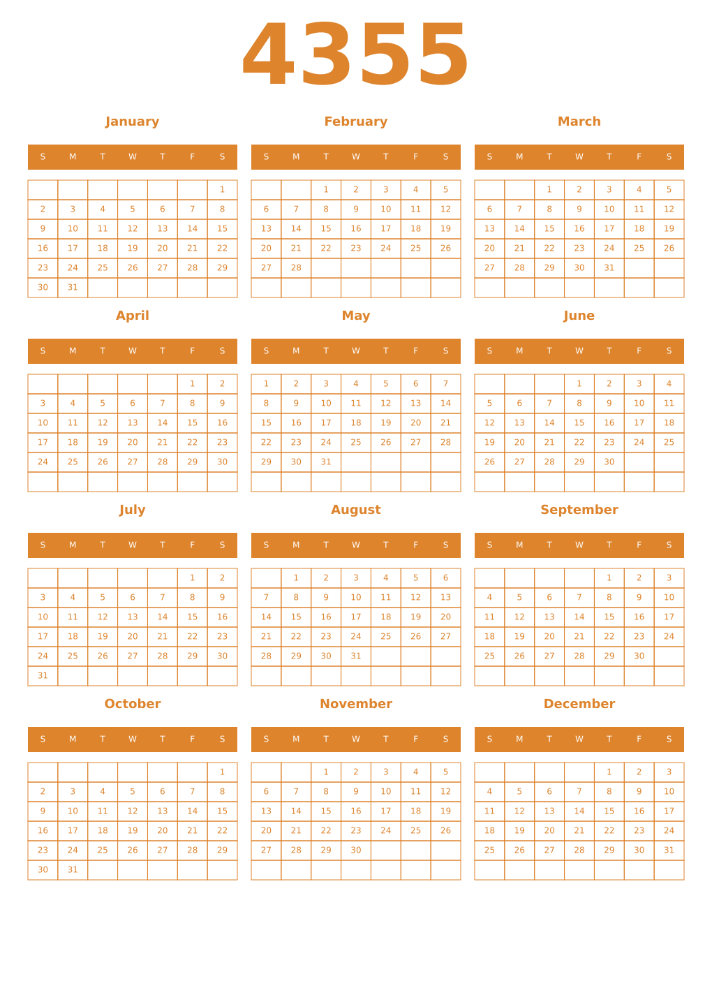 Printable 4355 Year Calendars orange