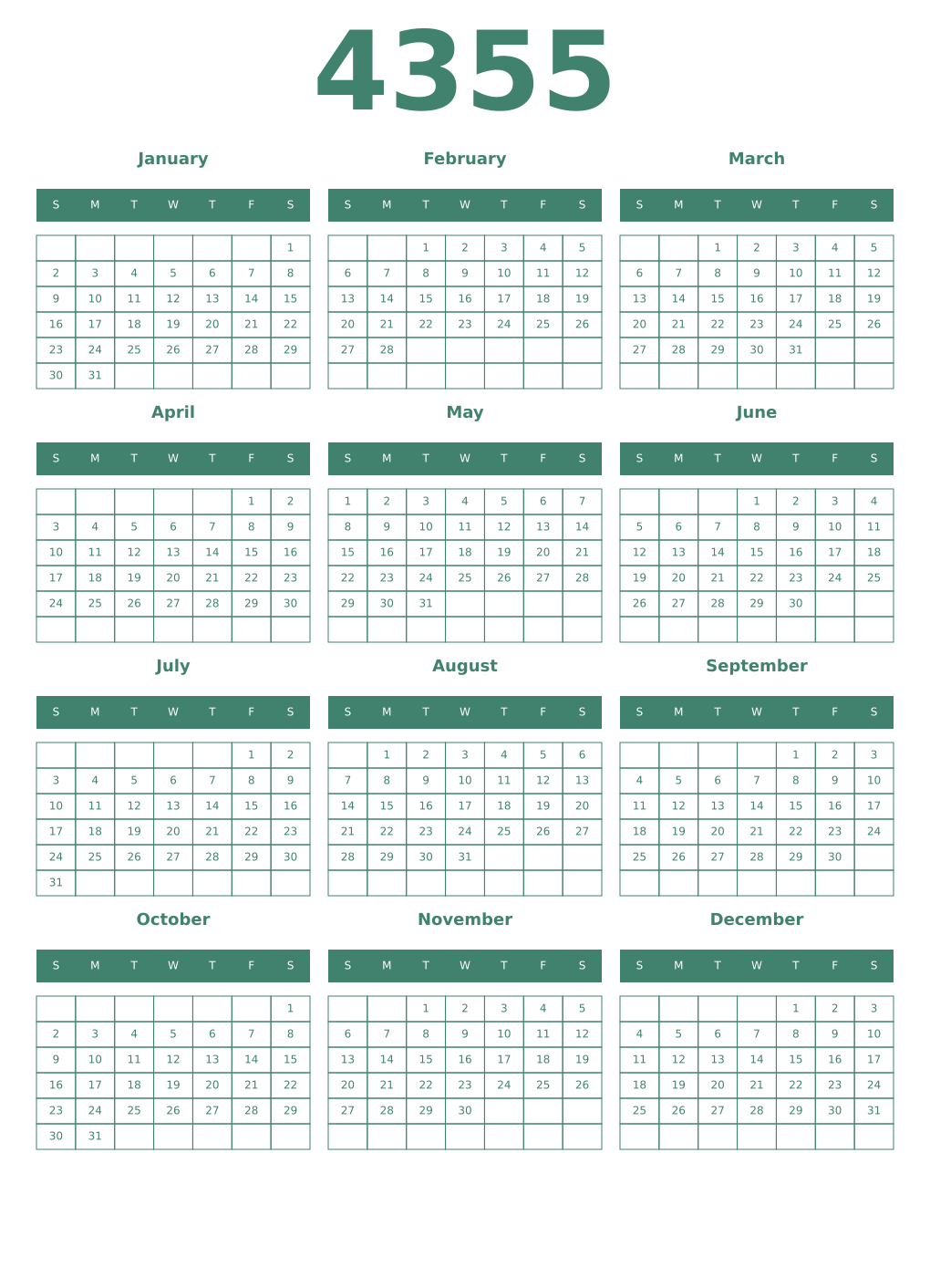 Printable 4355 Year Calendars viridian