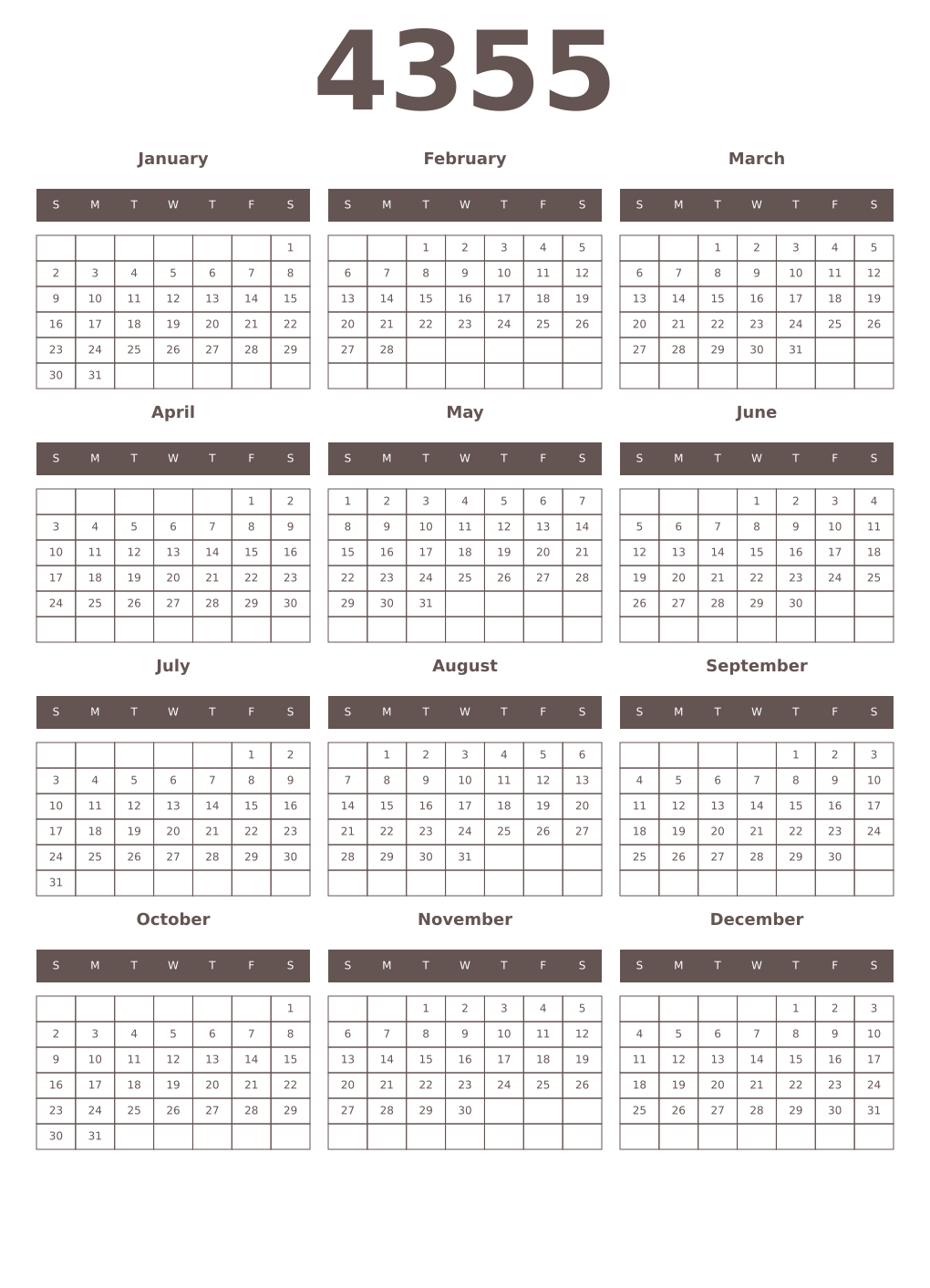 Printable 4355 Year Calendars wenge