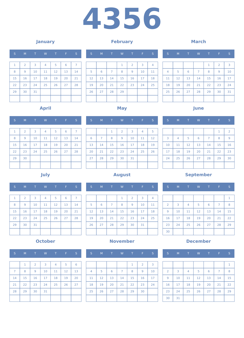 Printable 4356 Year Calendars glaucous