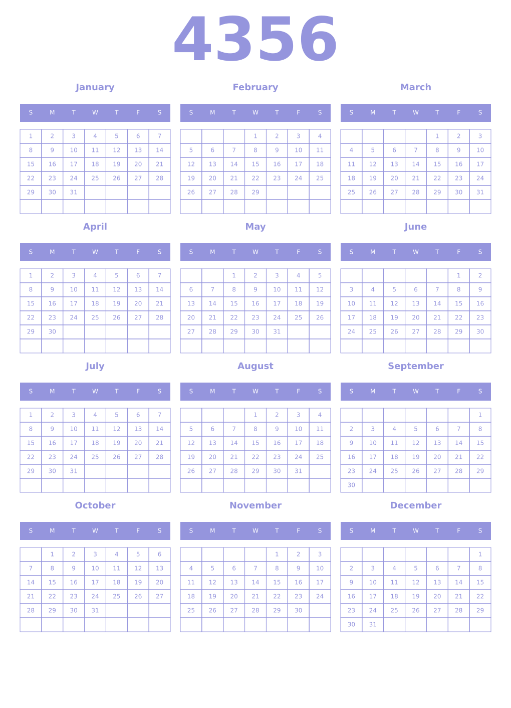 Printable 4356 Year Calendars periwinkle
