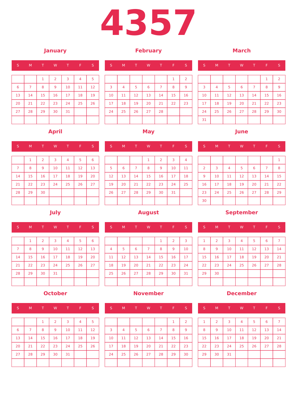 Printable 4357 Year Calendars amaranth