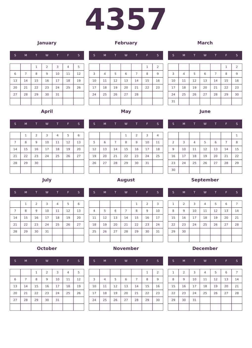 Printable 4357 Year Calendars aubergine