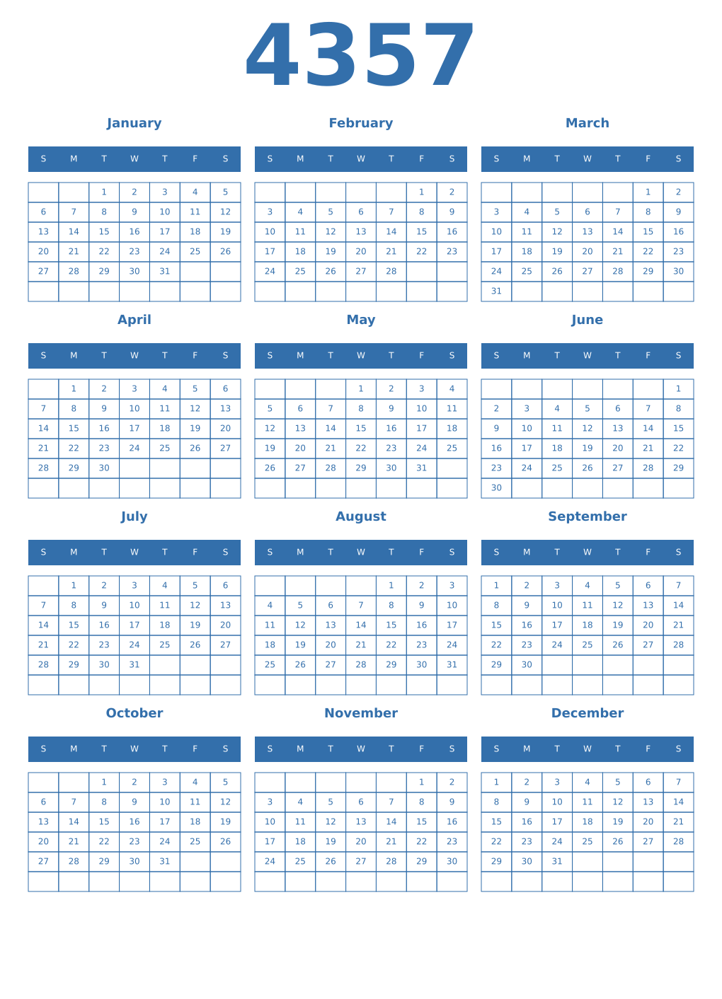 Printable 4357 Year Calendars blue