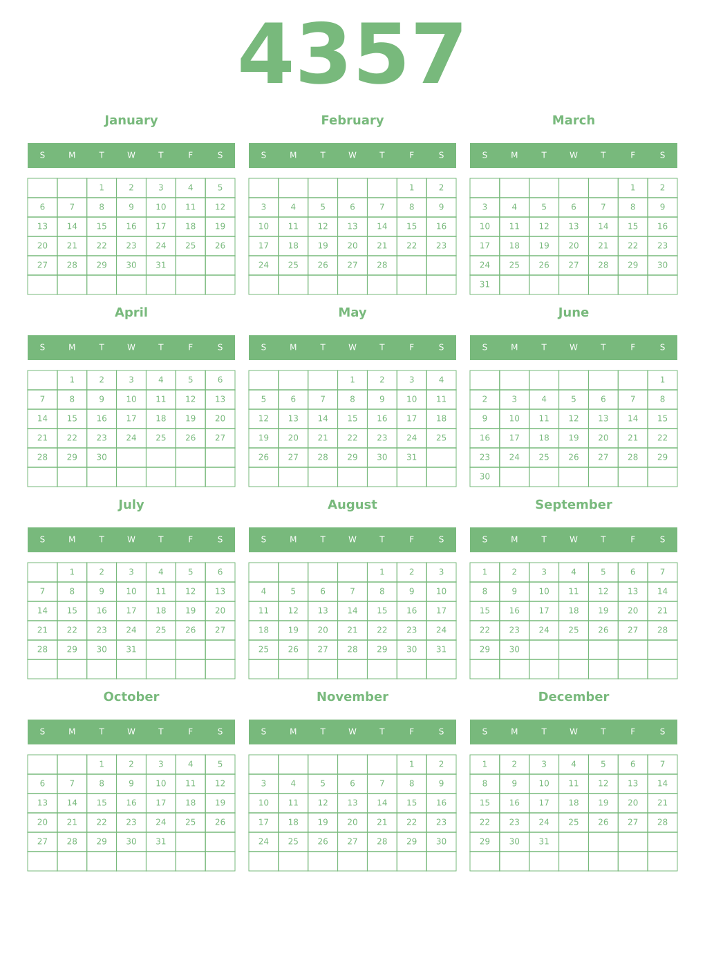 Printable 4357 Year Calendars celadon