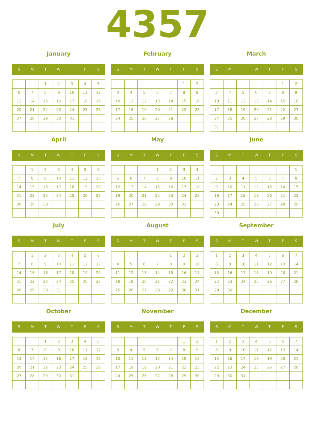 Printable 4357 Year Calendars chartreuse