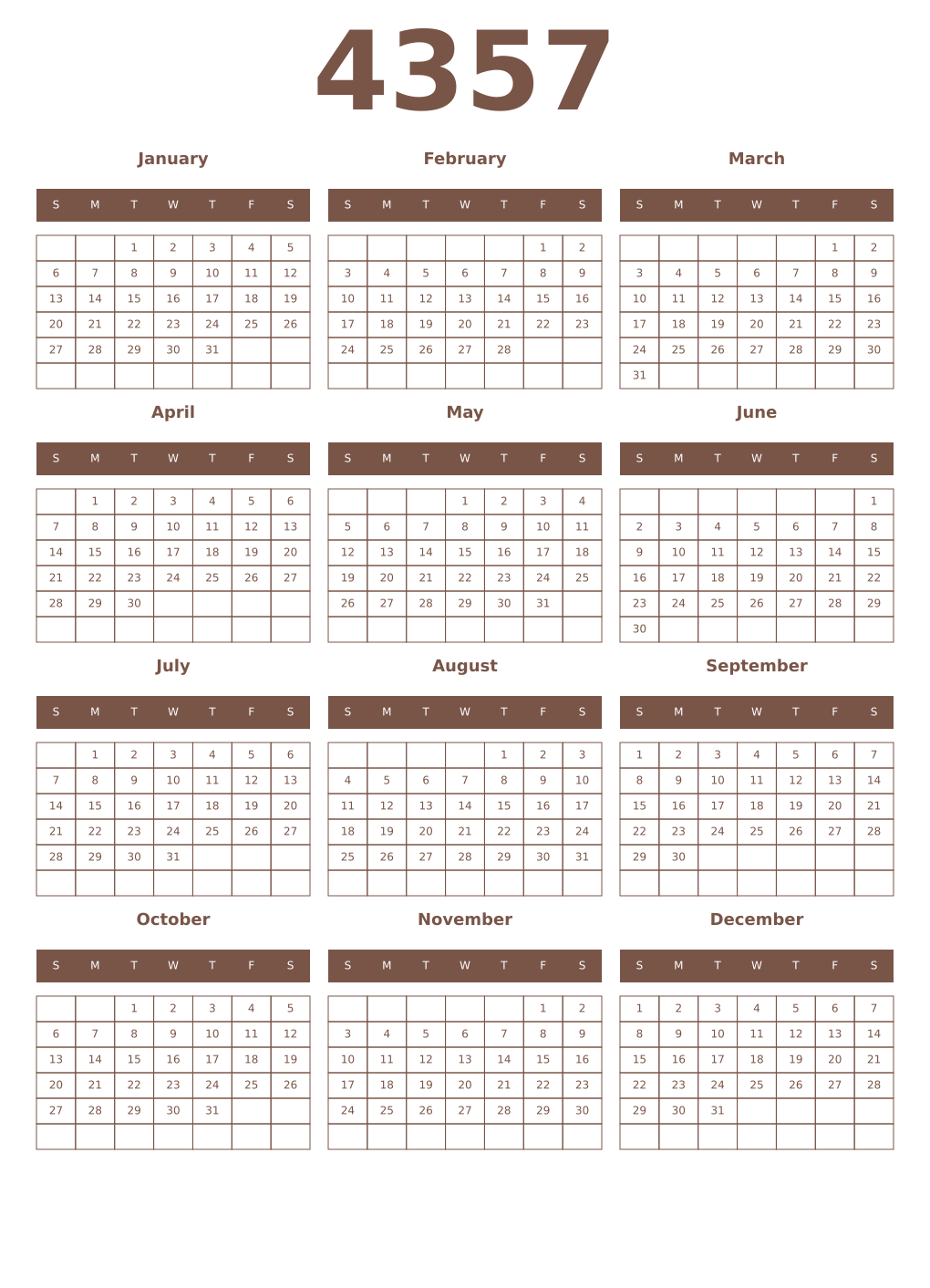 Printable 4357 Year Calendars coffe
