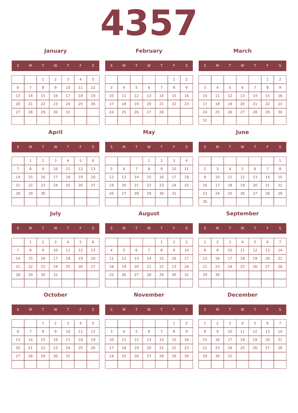 Printable 4357 Year Calendars cordovan