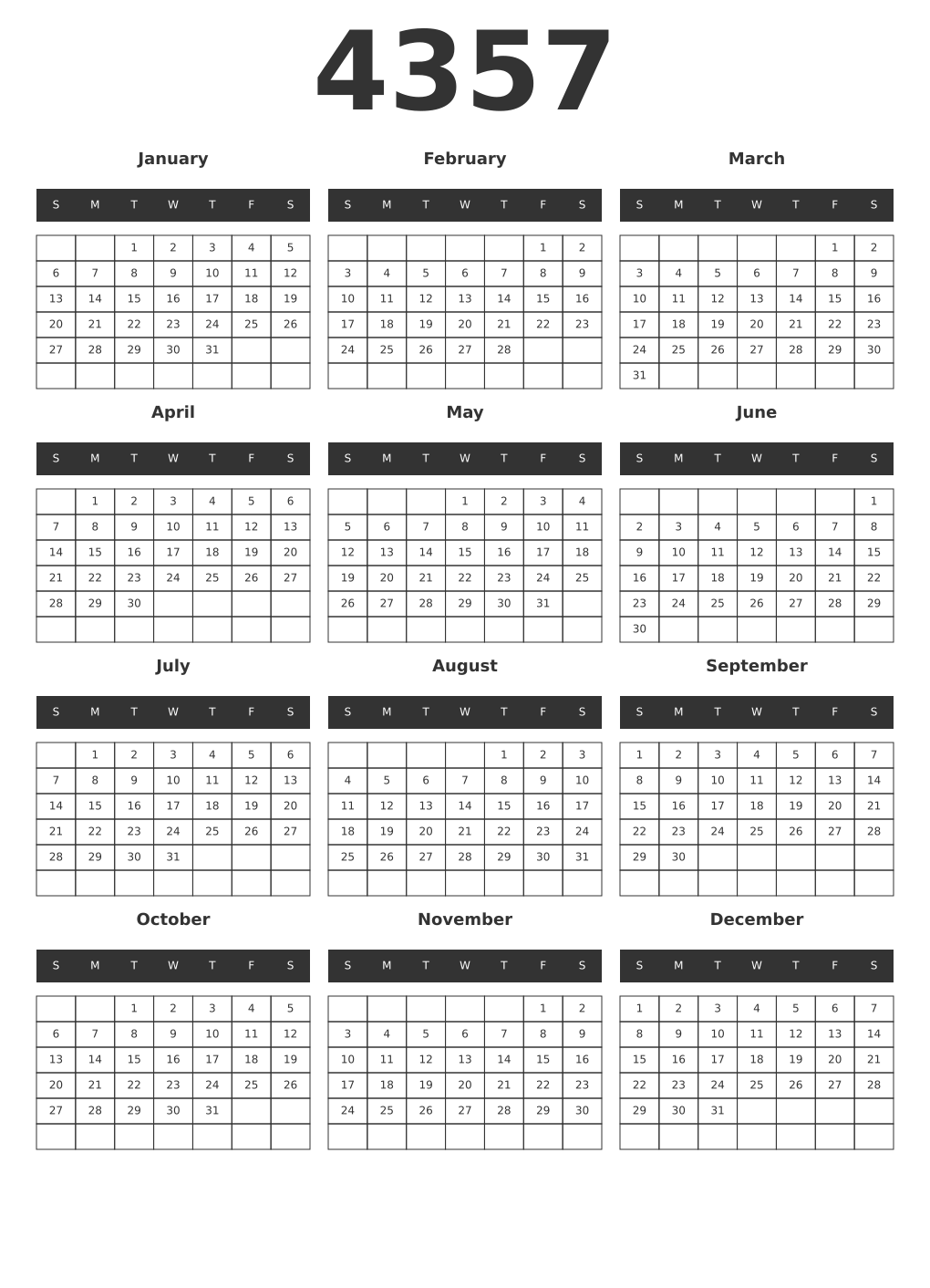 Printable 4357 Year Calendars dark