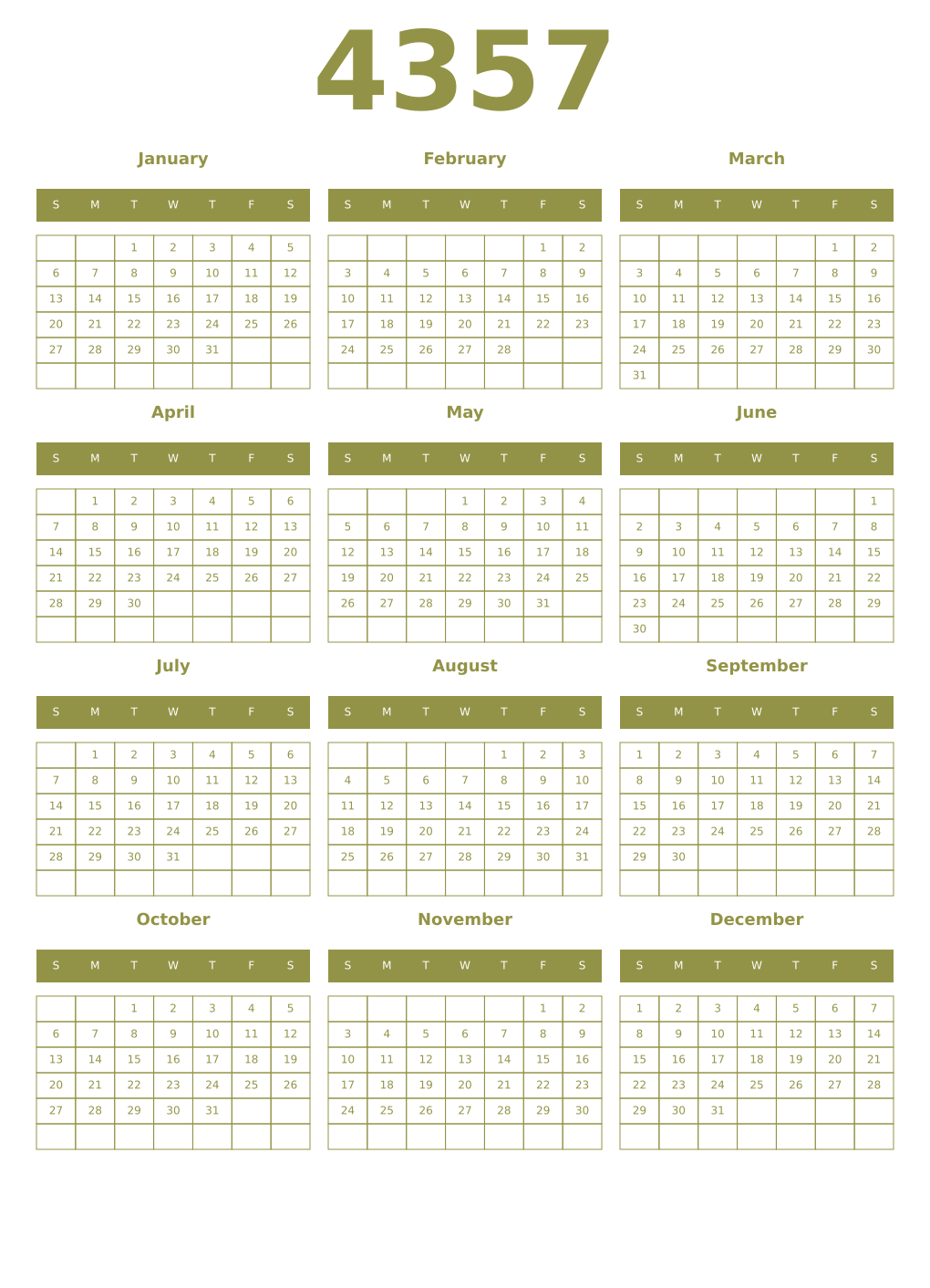 Printable 4357 Year Calendars eburnean