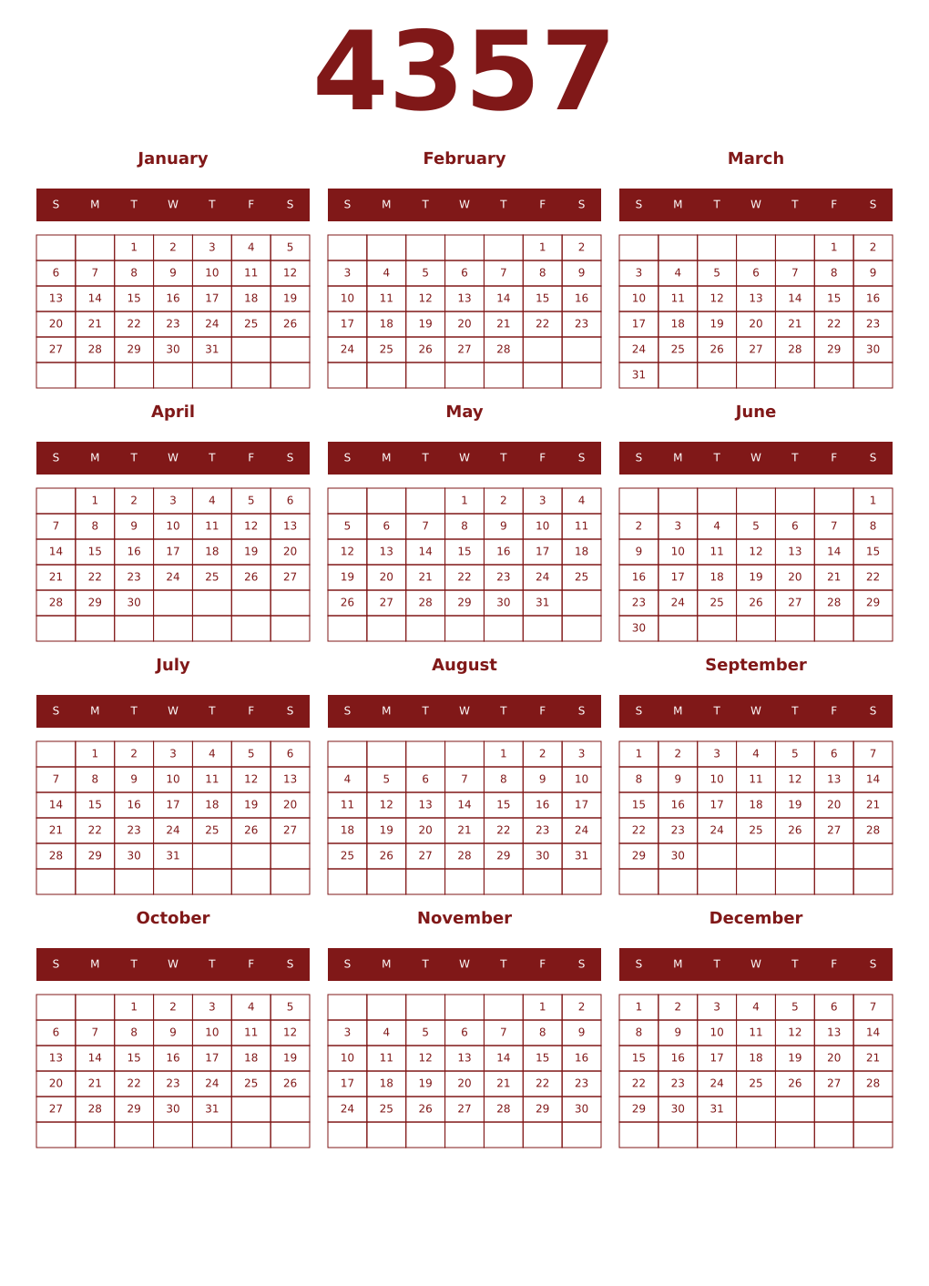 Printable 4357 Year Calendars falu