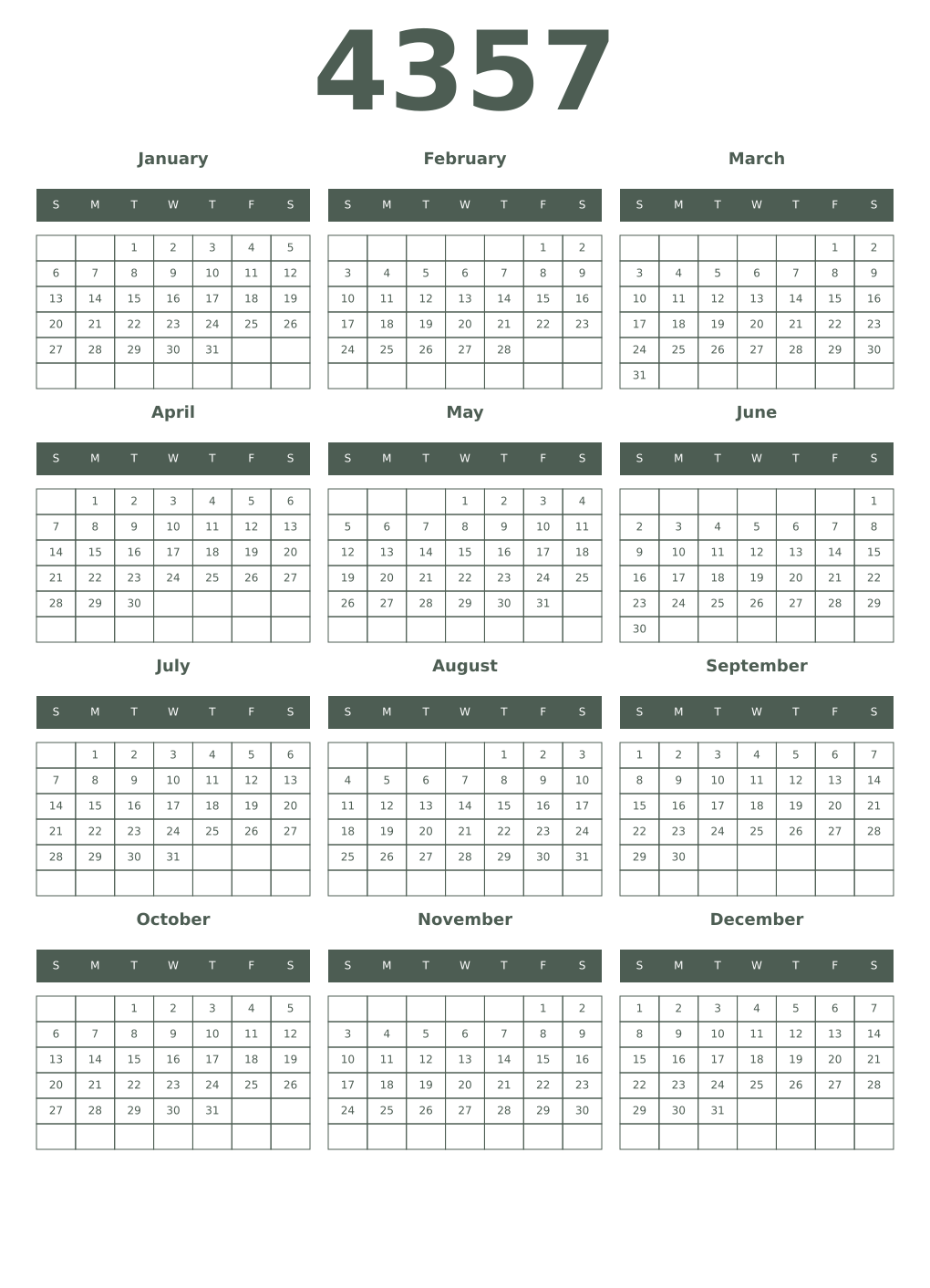 Printable 4357 Year Calendars feldgrau