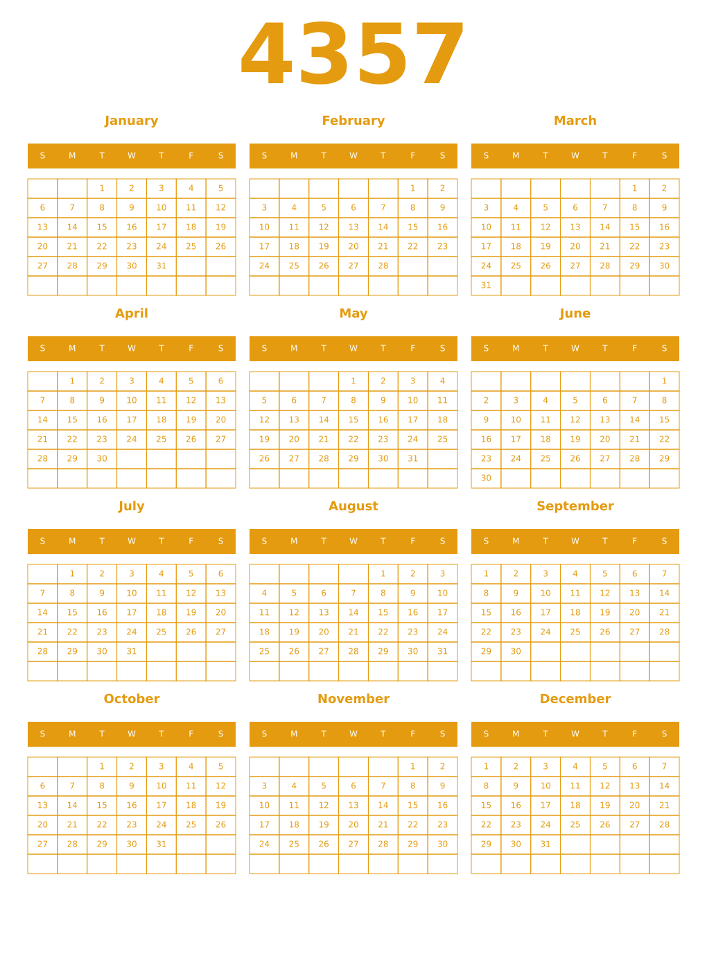 Printable 4357 Year Calendars gamboge