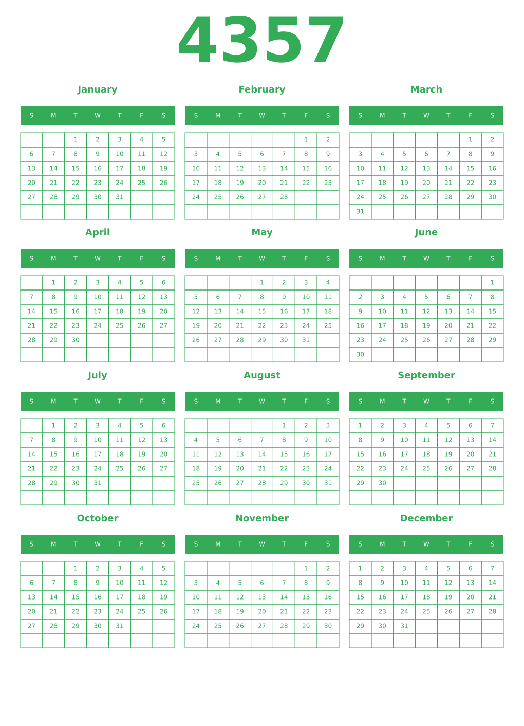 Printable 4357 Year Calendars green