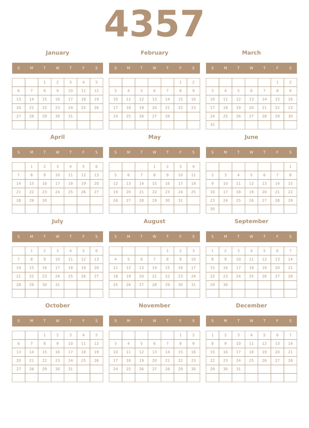 Printable 4357 Year Calendars isabelline