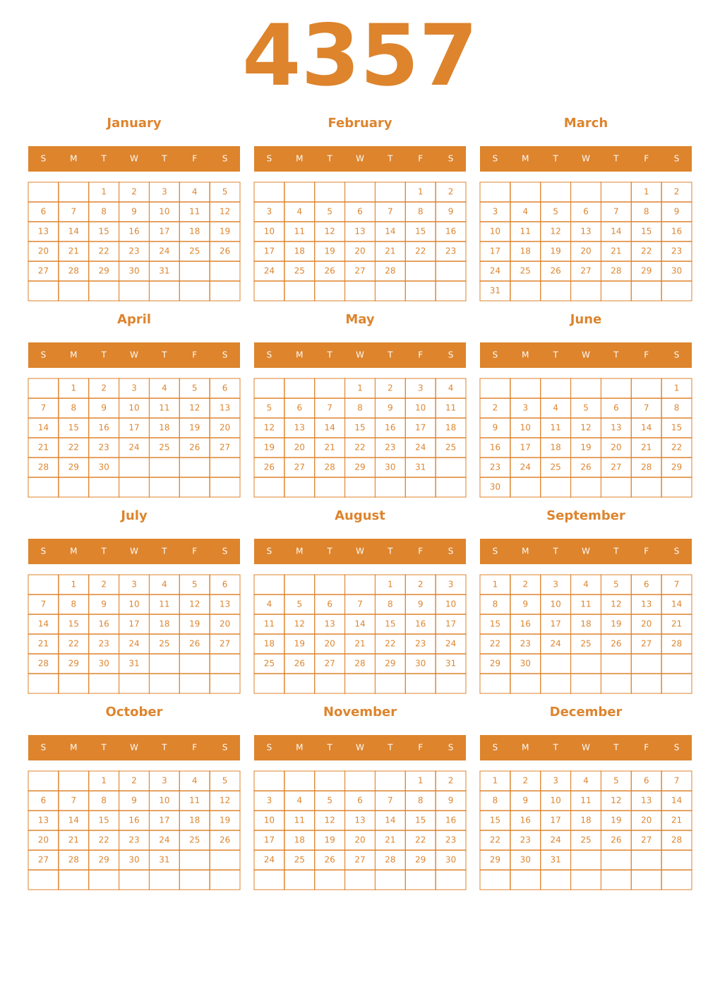 Printable 4357 Year Calendars orange