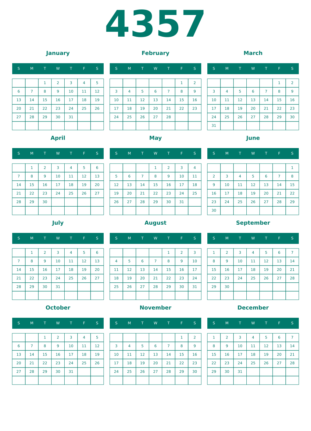 Printable 4357 Year Calendars pastel