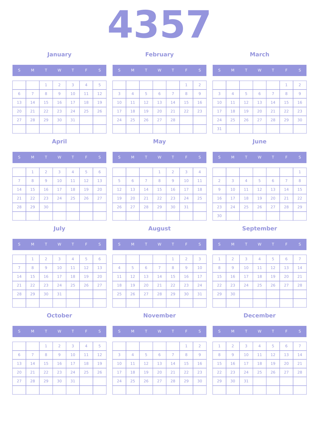 Printable 4357 Year Calendars periwinkle