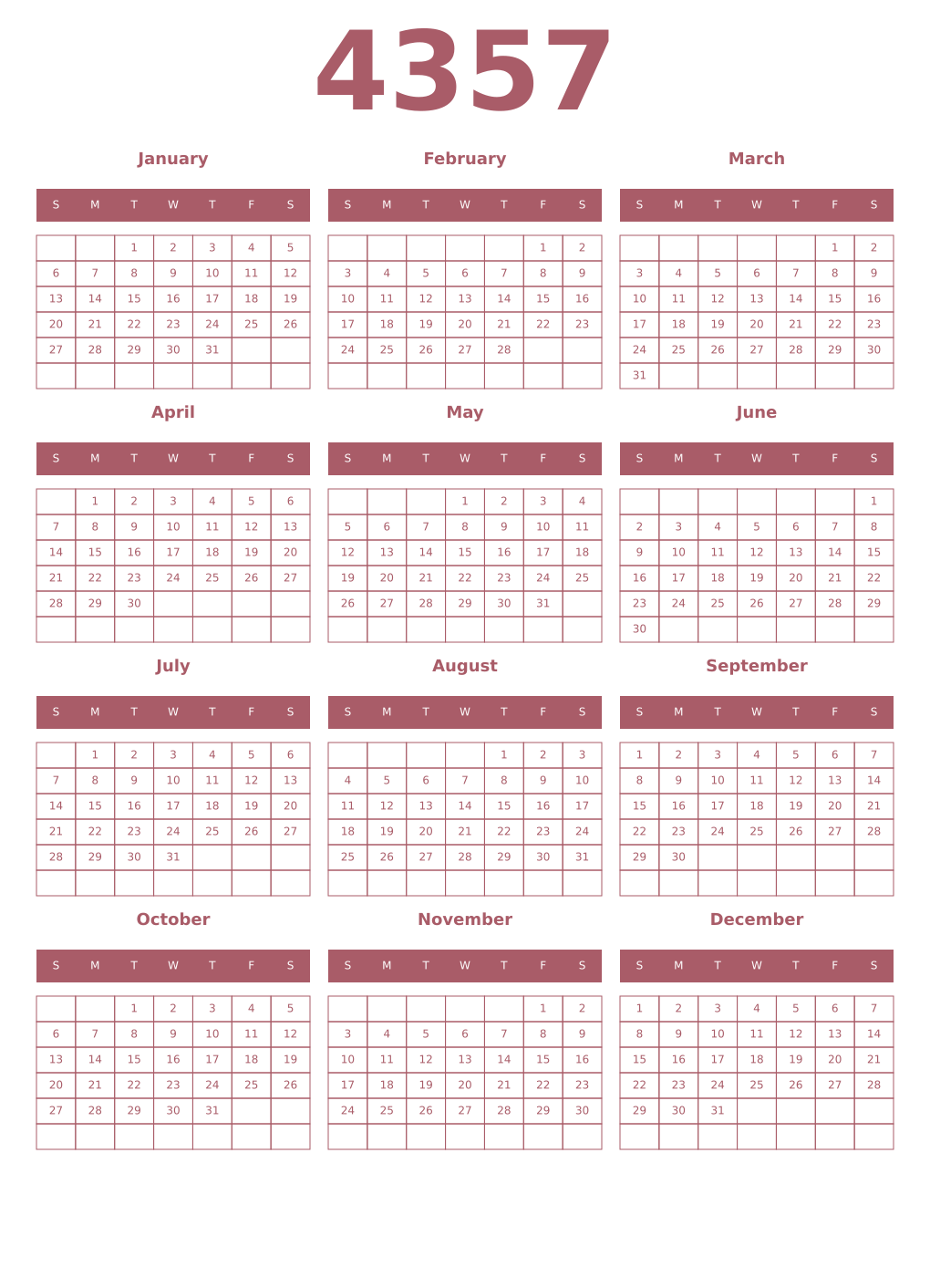 Printable 4357 Year Calendars puce