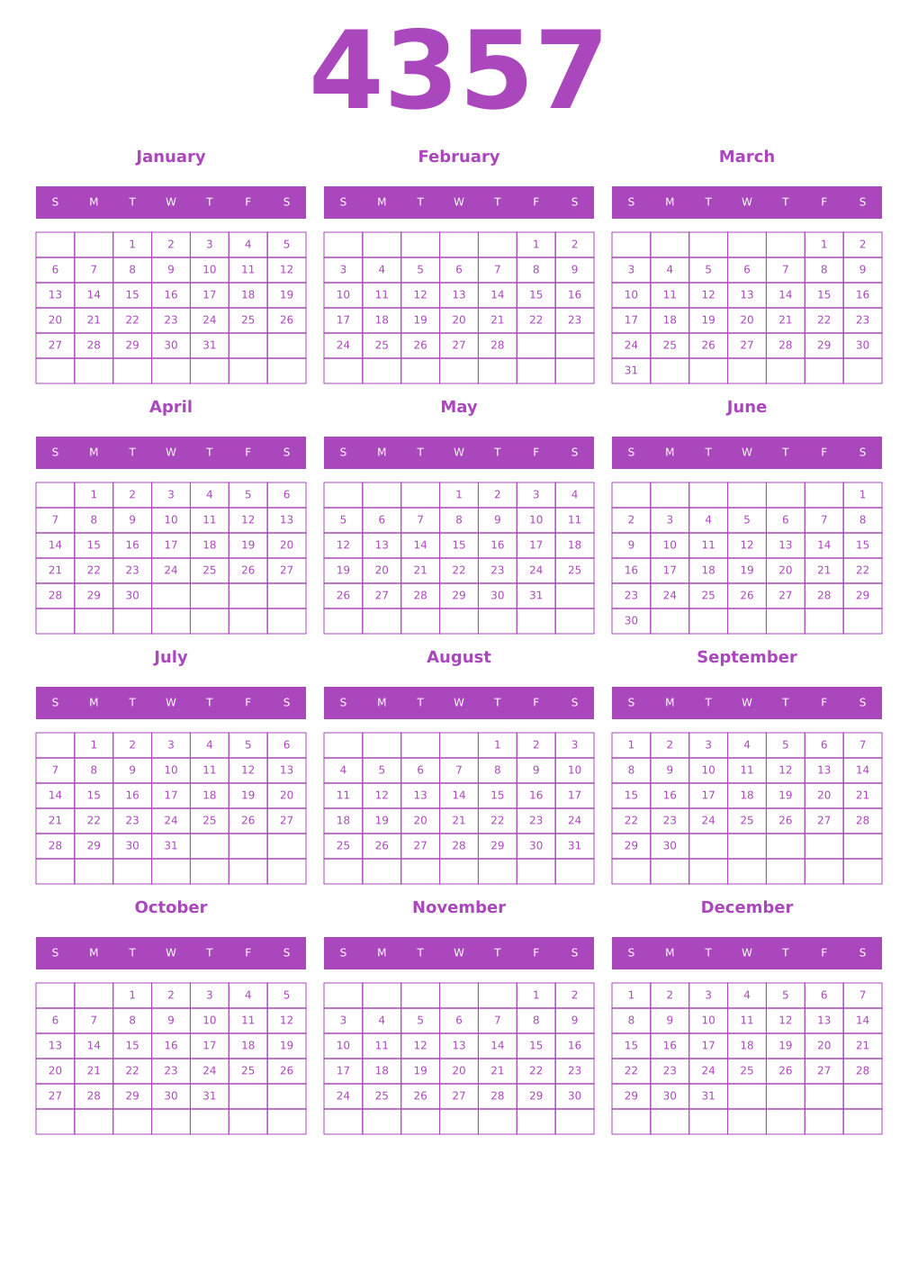 Printable 4357 Year Calendars purple