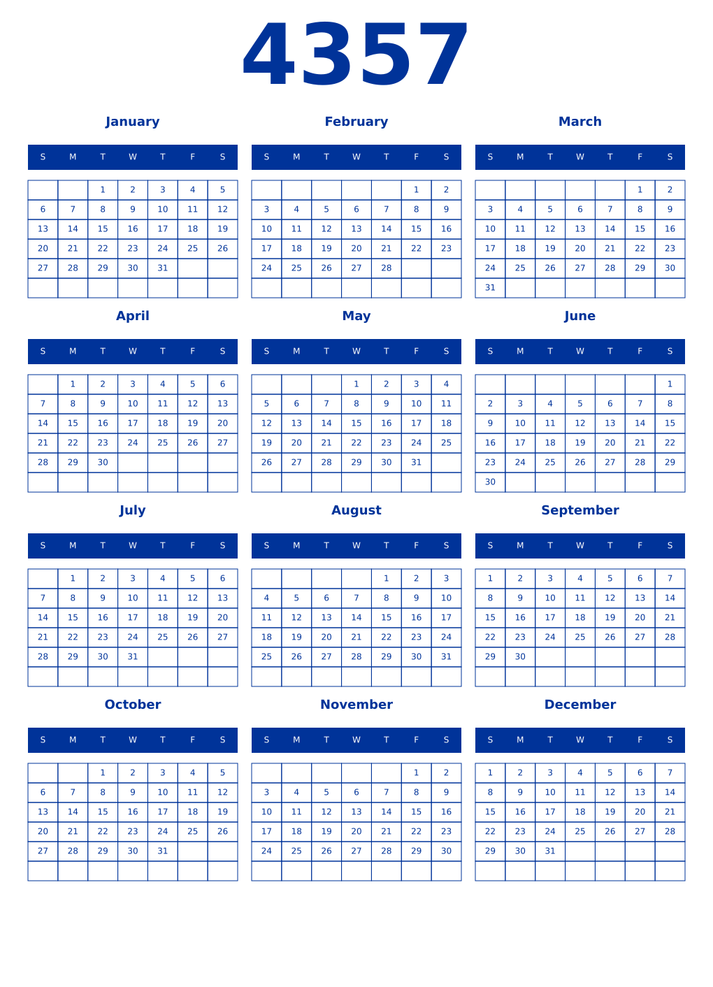 Printable 4357 Year Calendars smalt