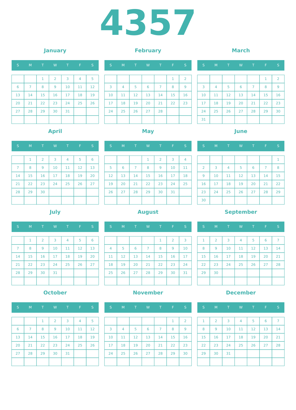 Printable 4357 Year Calendars verdigris