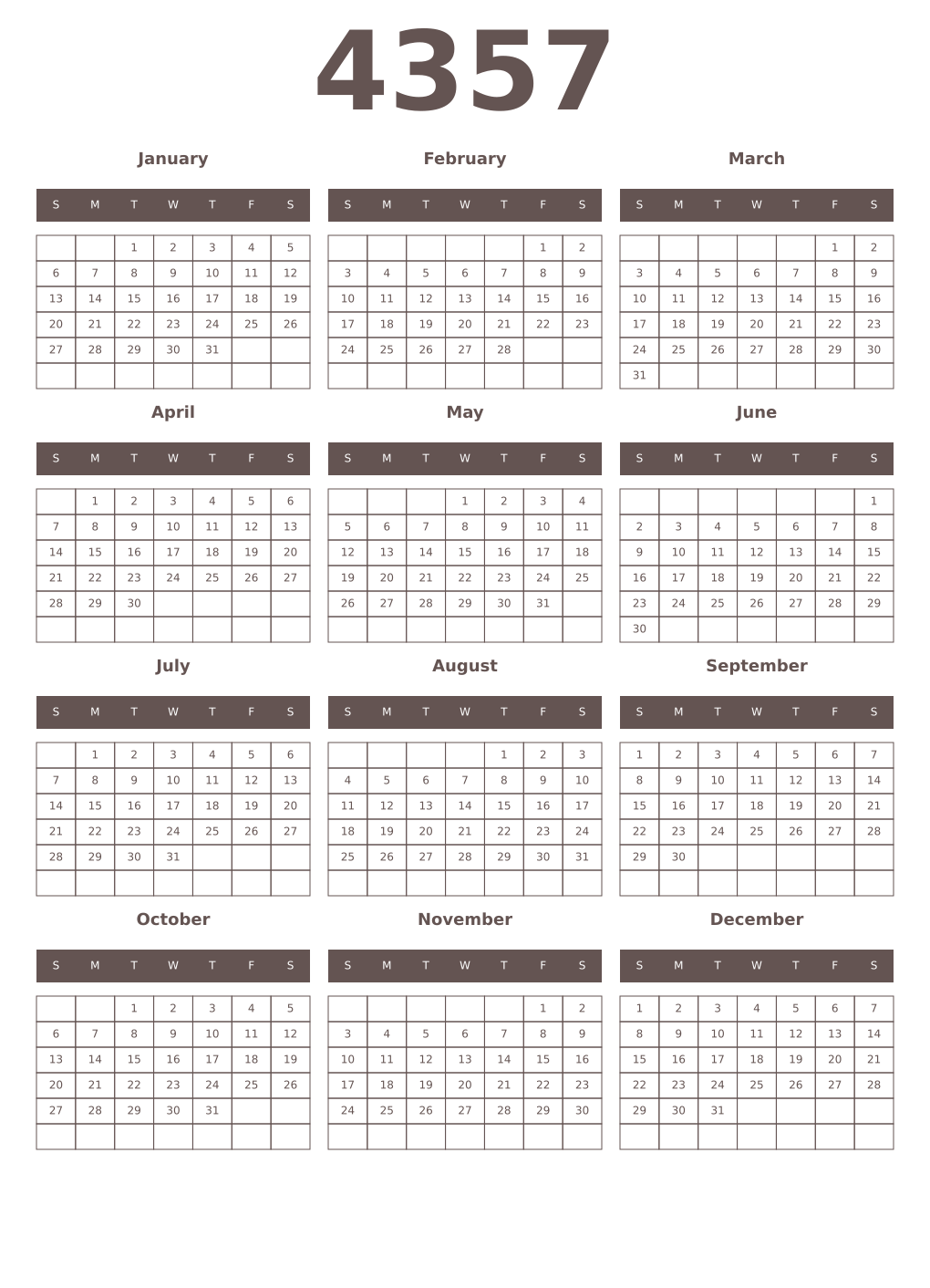 Printable 4357 Year Calendars wenge