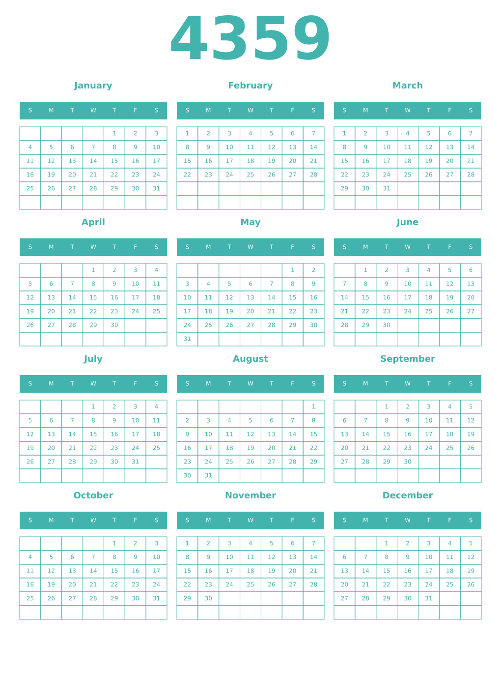 Printable 4359 Year Calendars verdigris