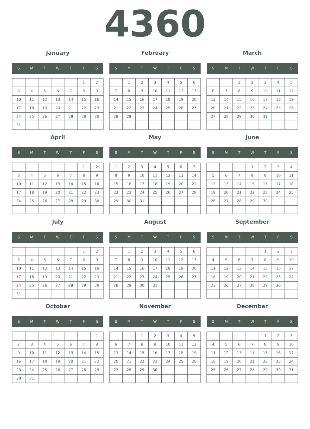 Printable 4360 Year Calendars feldgrau