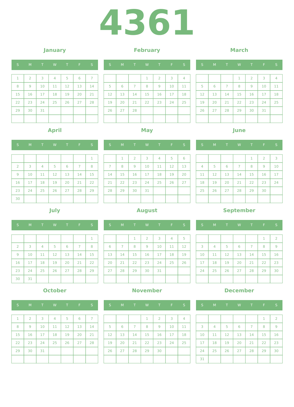 Printable 4361 Year Calendars celadon