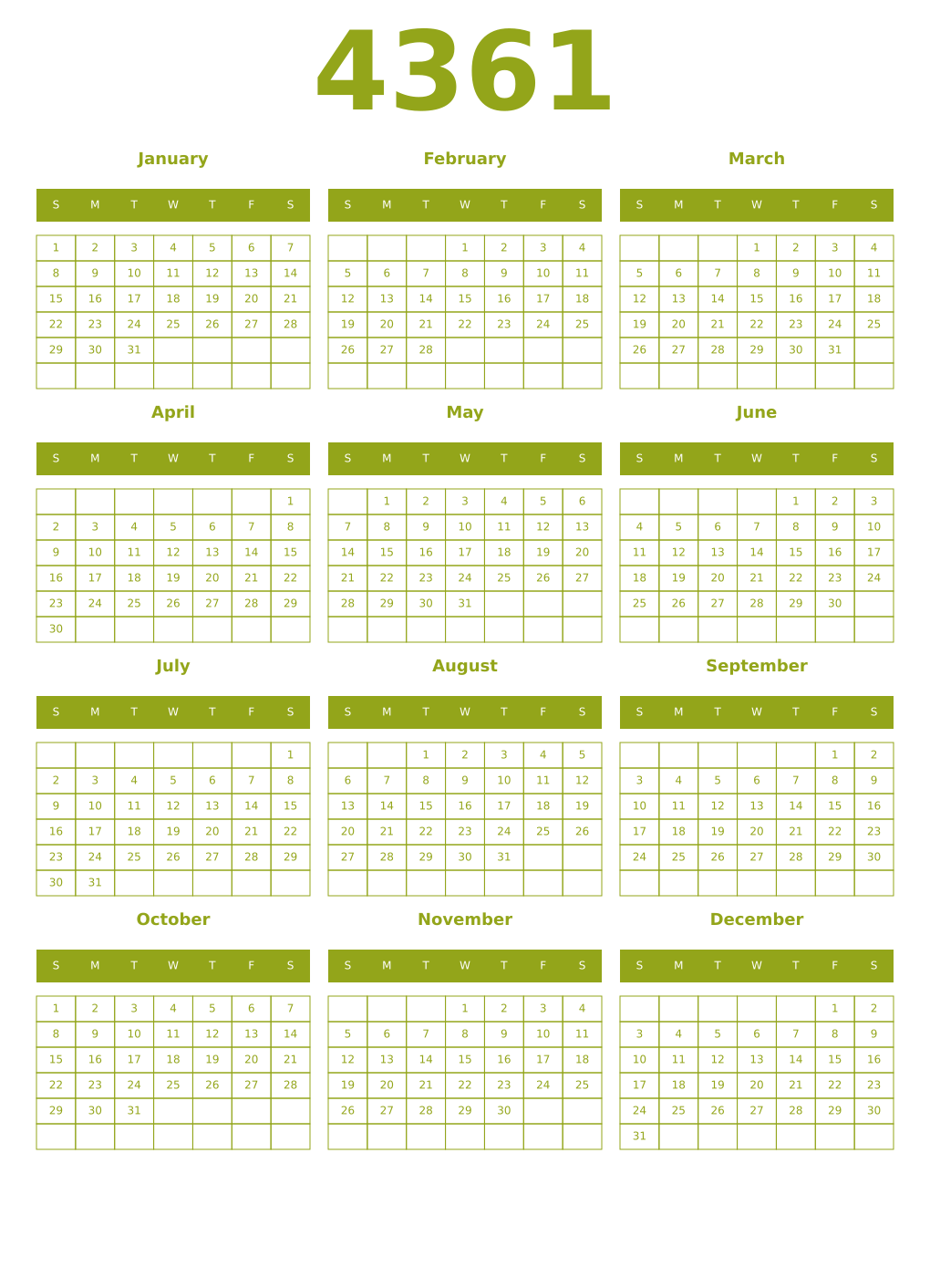 Printable 4361 Year Calendars chartreuse