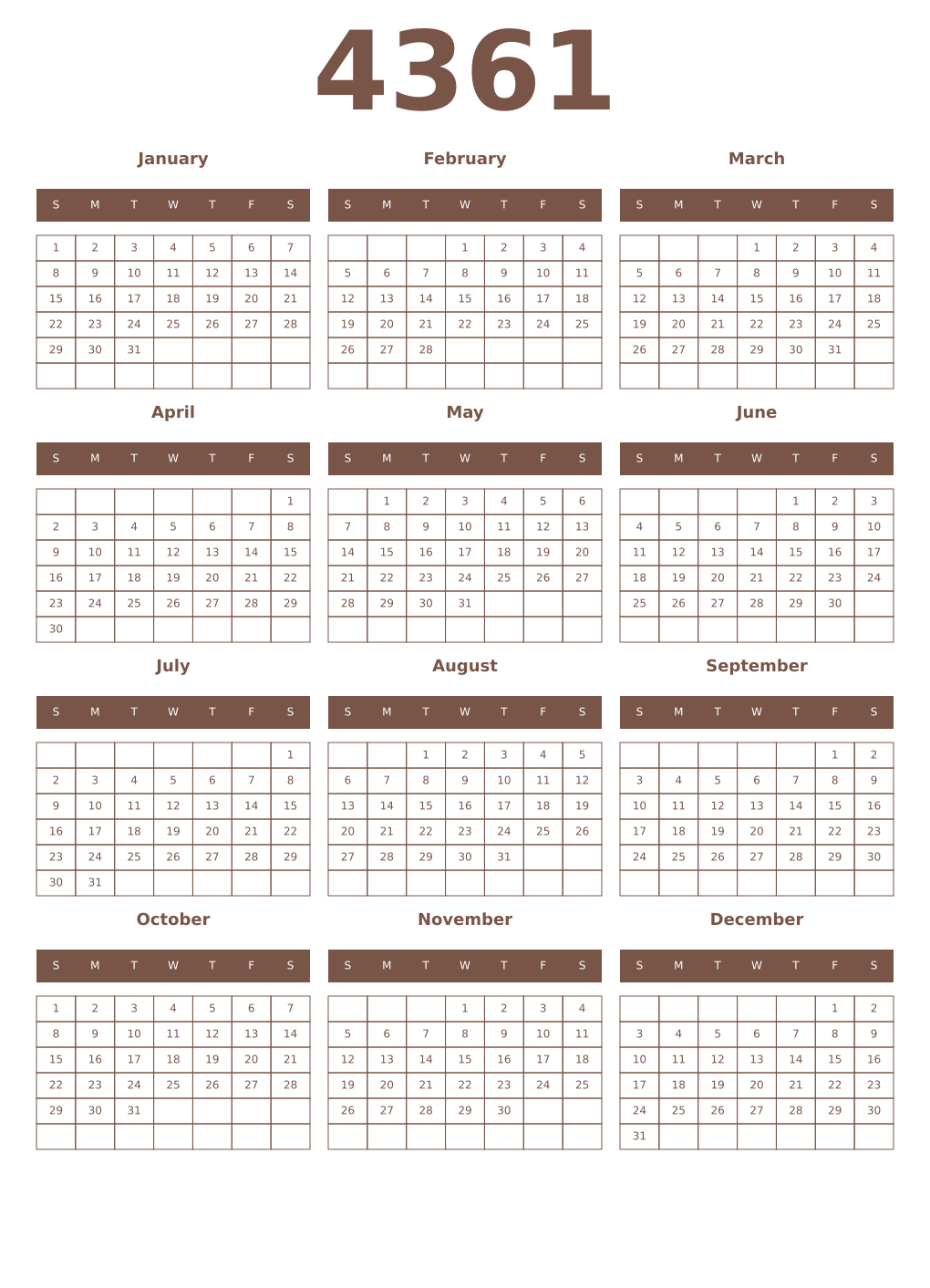 Printable 4361 Year Calendars coffe