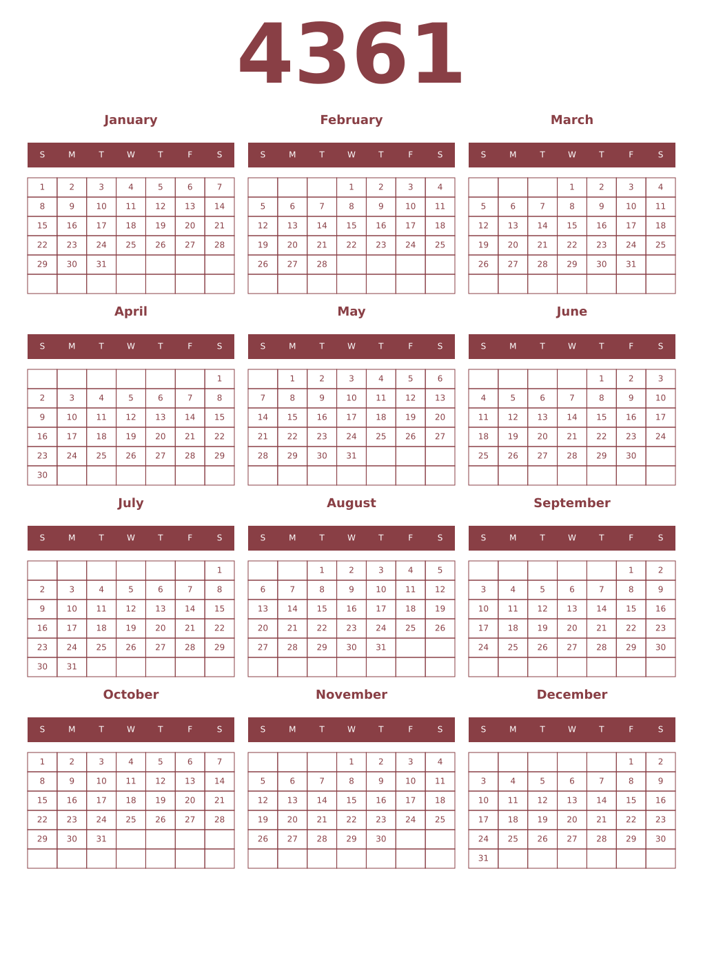 Printable 4361 Year Calendars cordovan