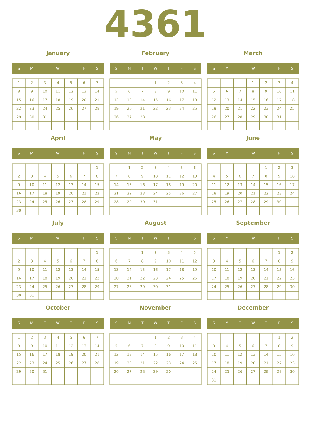 Printable 4361 Year Calendars eburnean
