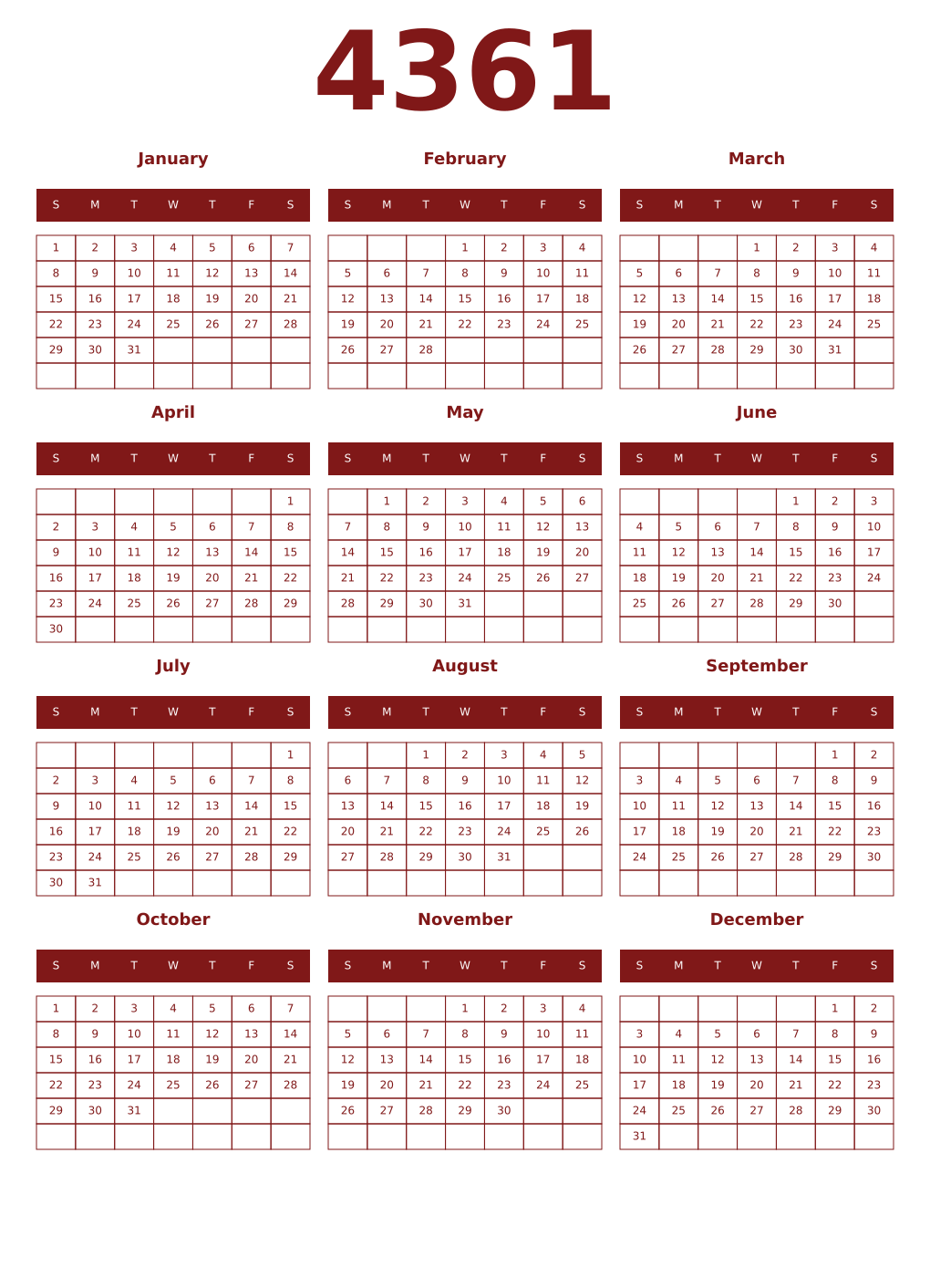 Printable 4361 Year Calendars falu