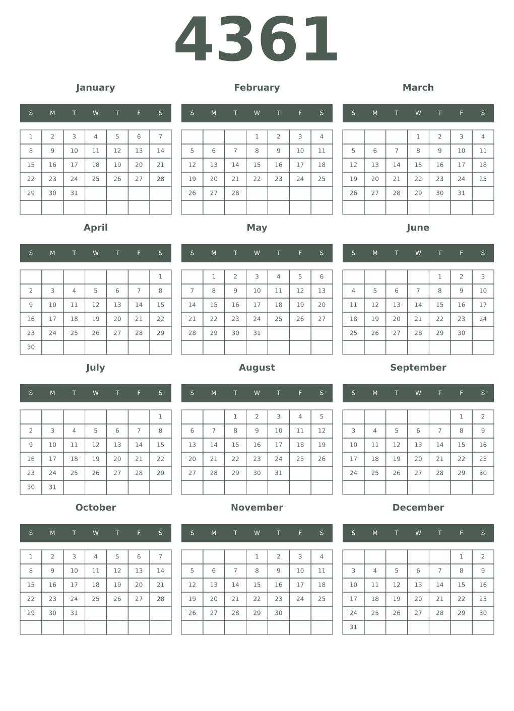 Printable 4361 Year Calendars feldgrau