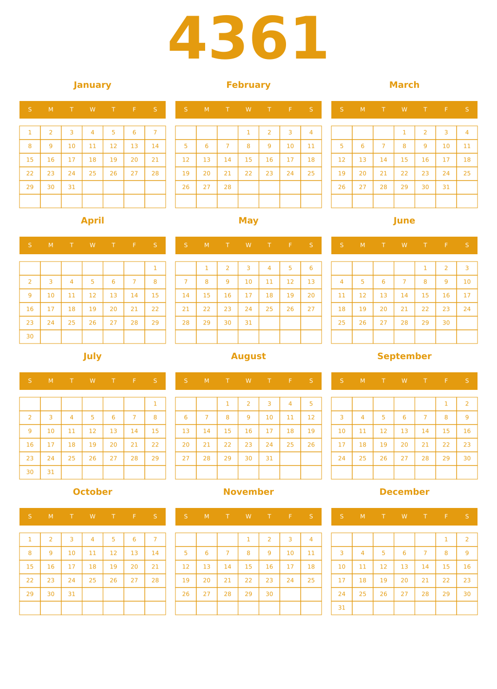 Printable 4361 Year Calendars gamboge