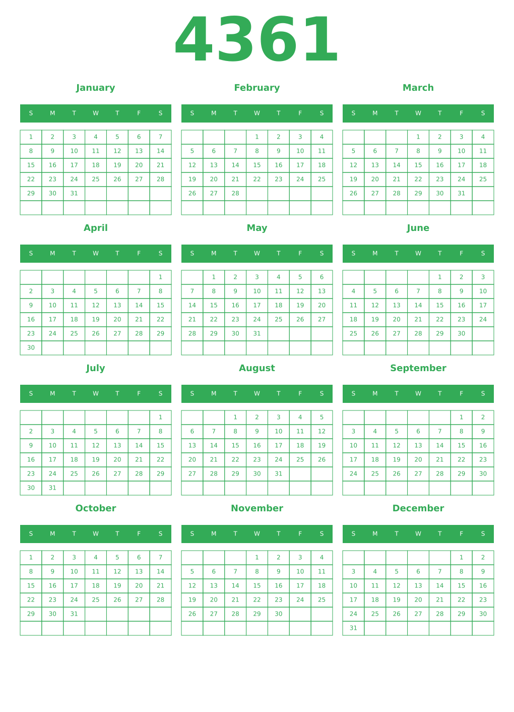 Printable 4361 Year Calendars green