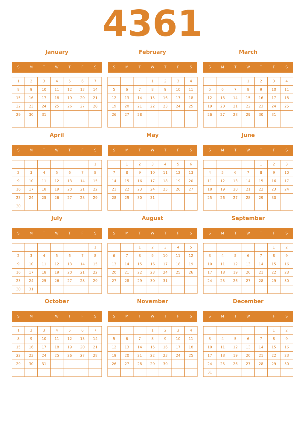Printable 4361 Year Calendars orange