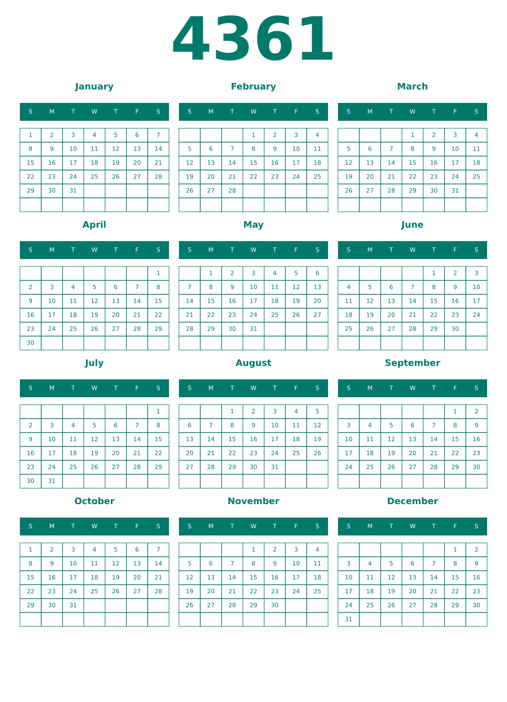 Printable 4361 Year Calendars pastel