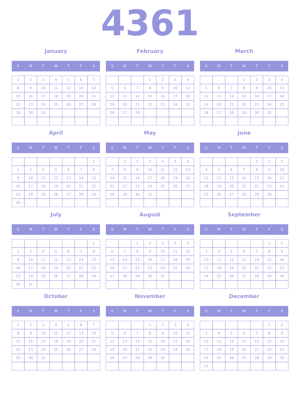 Printable 4361 Year Calendars periwinkle
