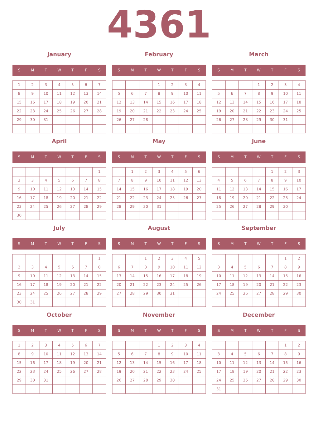 Printable 4361 Year Calendars puce