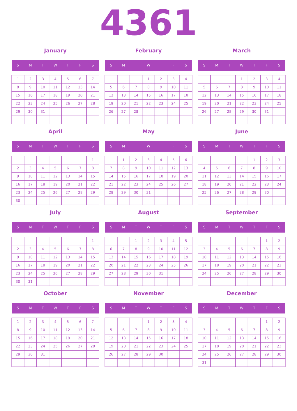 Printable 4361 Year Calendars purple