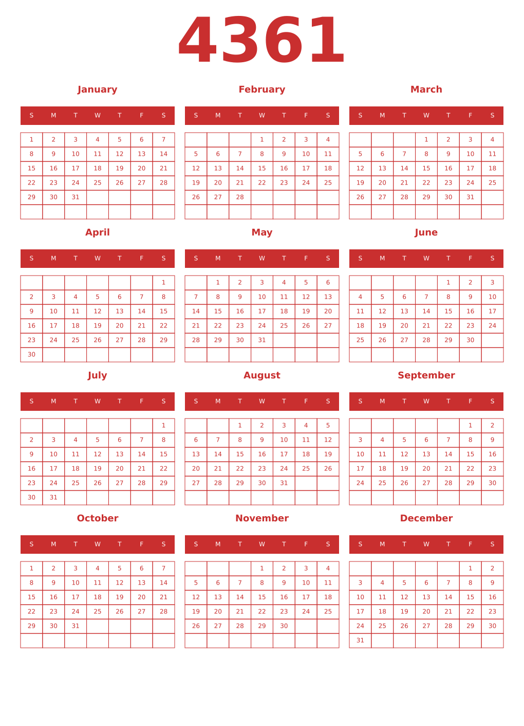 Printable 4361 Year Calendars red