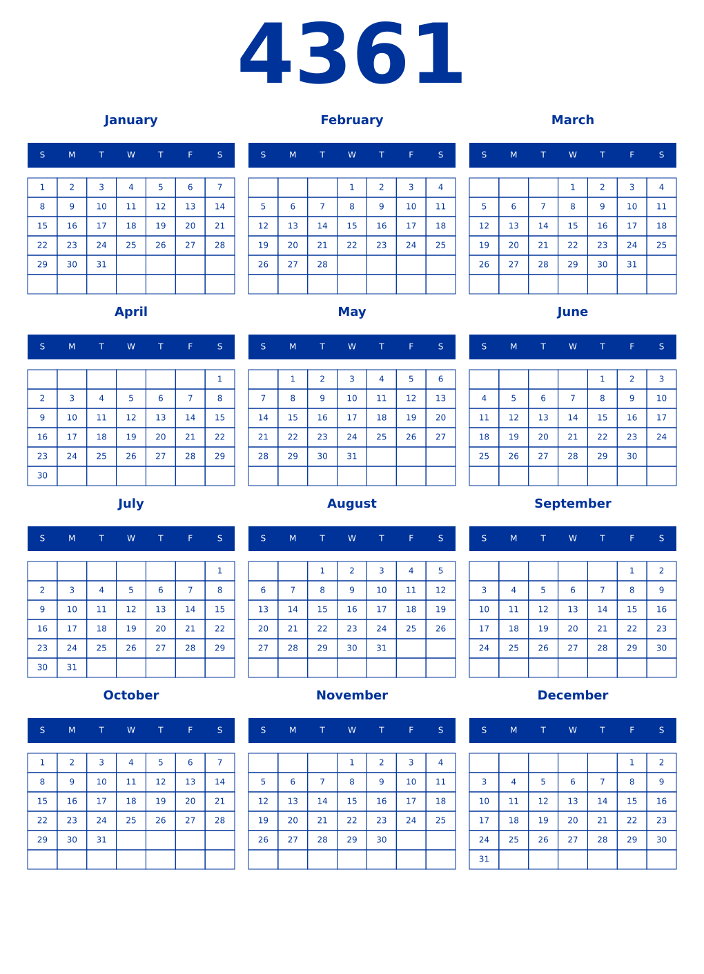 Printable 4361 Year Calendars smalt