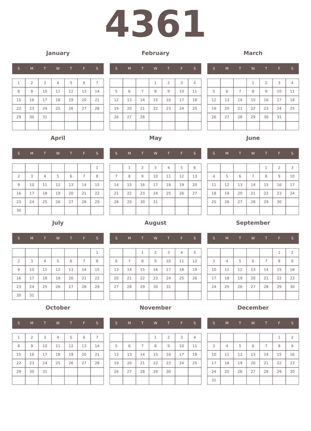 Printable 4361 Year Calendars wenge