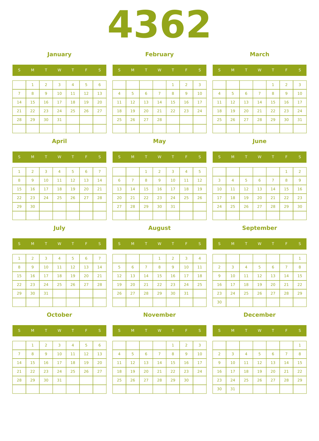 Printable 4362 Year Calendars chartreuse
